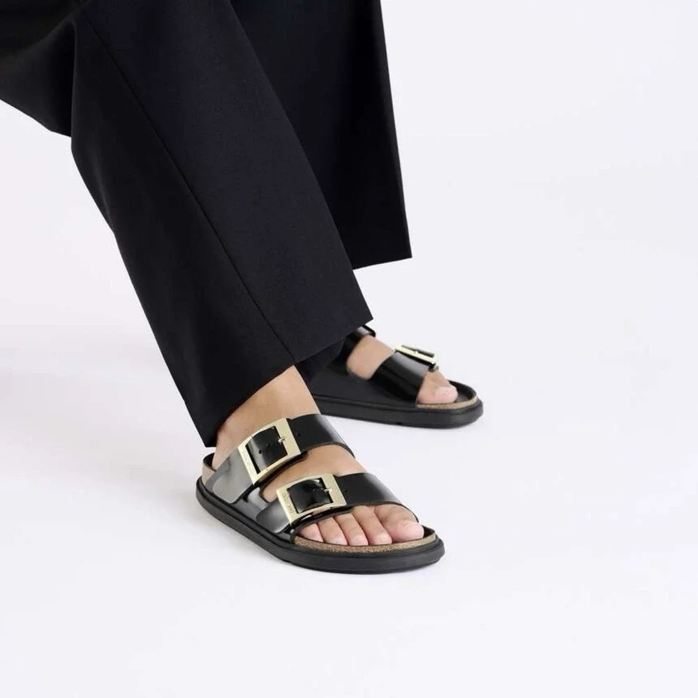 Birkenstock Arizona Droplet Buckle EU38 US7 Sandals High Shine Black Gold Narrow